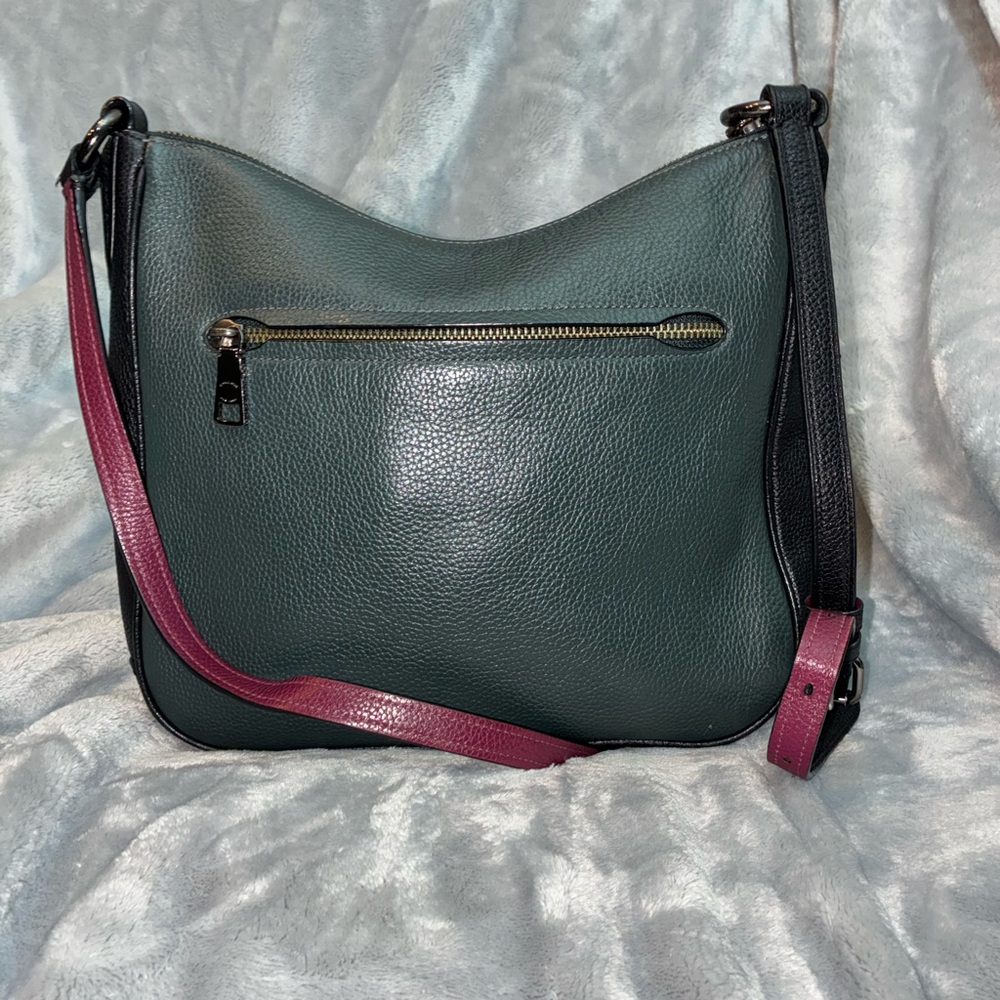 Coach Pebbled Leather Crossbody Bag in Deep Green with Burgundy Strap Accent - Picture 3 of 7